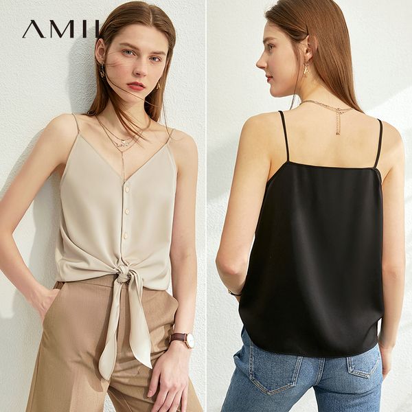 

amii minimalist strap vest elegant women vneck solid sleeveless single-breasted loose female 12040236, White