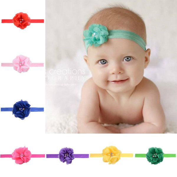 

2020 baby girl headbands elastic girls hairband hair pearl chiffon flower hairband baby accessories infant toddler girls pgraphy props, Slivery;white