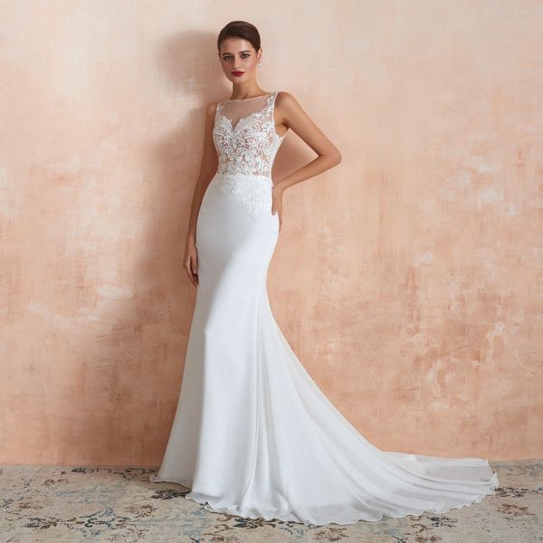 

lace mermaid beach wedding dresses satin lace applique sweep train boho wedding bridal gowns robes de mariÃ©e dg36373, White