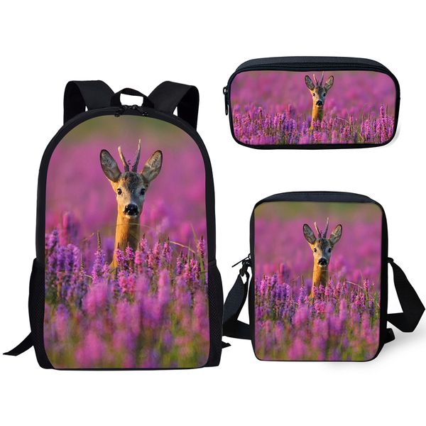 

elviswords fashion kids backpack 3pcs set flower deer pattern school book bags kawaii animal design students school backpack set