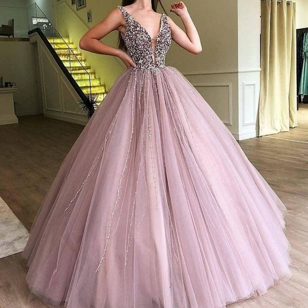 

2018 new crystal deep v-neck ball gown quinceanera dresses tulle plus size sweet 16 dresses debutante 15 year formal party dress bq125, Blue;red