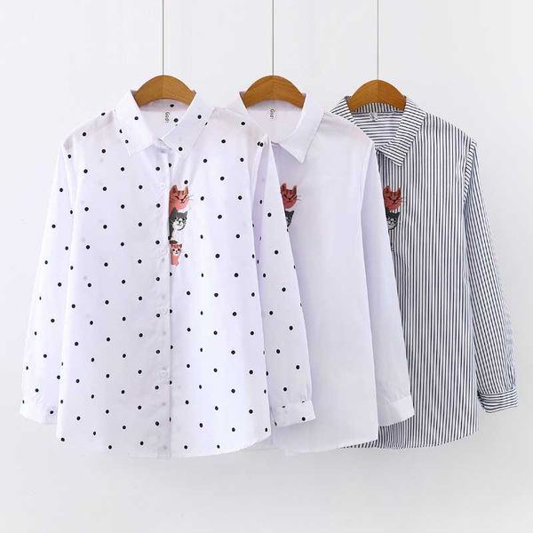 

blusas mujer де moda 2020 вышивка усеивают полосатые рубашки кофточки женщин топы с длинным рукавом блуза женщин женские топы и блузки c762, White