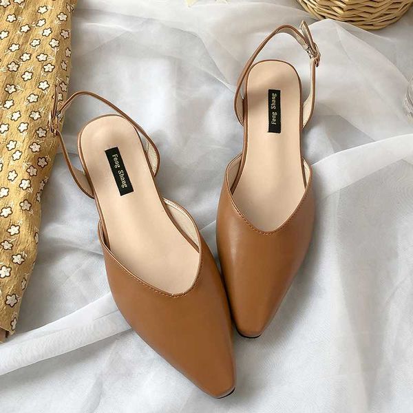 

2020 new pointed toe sandals women slippers mules elegant low heels women shoes classic slip on flat sandals black khaki brown