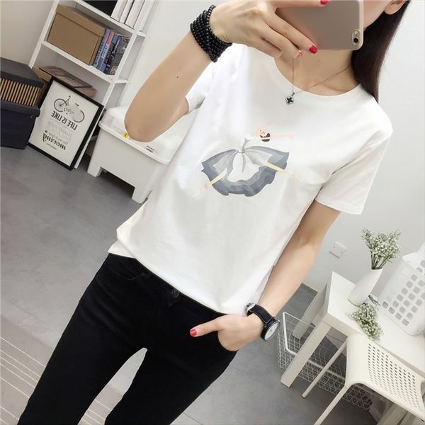 

cartoon t- women's short sleeve summer round collar loose versatile student t-shirt women's slim base shirt, White