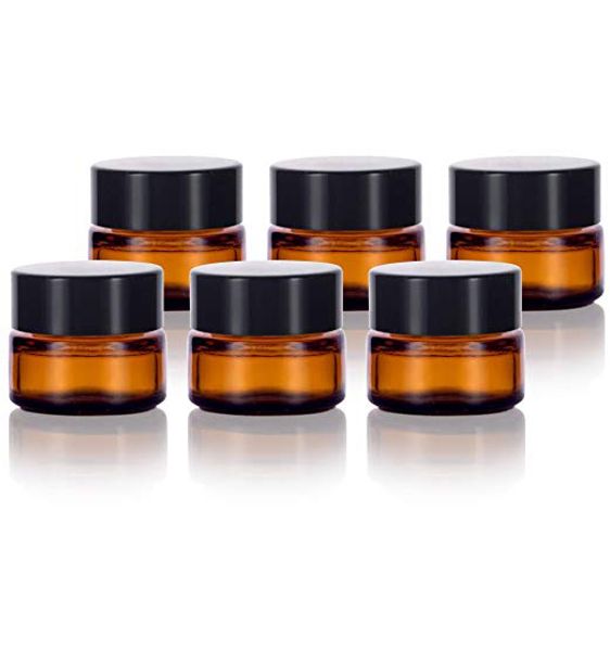 

amber glass 5 ml 1/6 oz small thick wall round jars vials pot cosmetic bottle face cream containers with black lids for lotion make up
