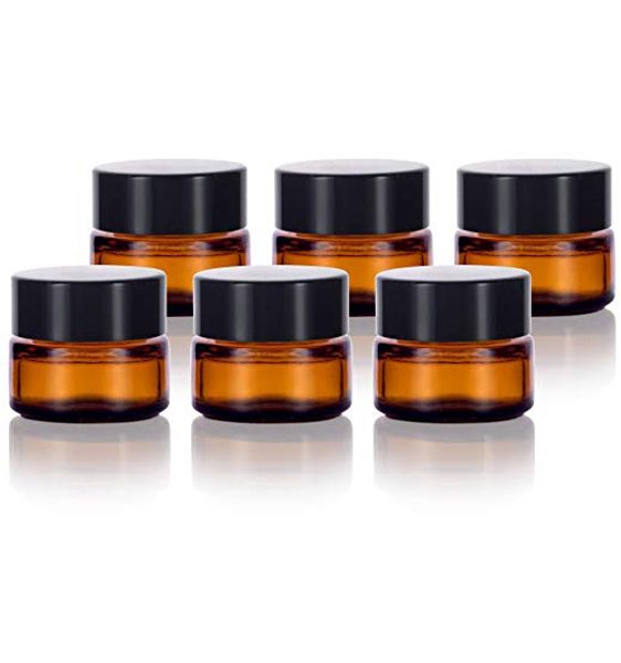 Vetro ambrato 5 ml 1/6 oz Piccoli vasetti rotondi a parete spessa Fiale Vaso Flacone cosmetico Contenitori per crema viso con coperchi neri per trucco lozione