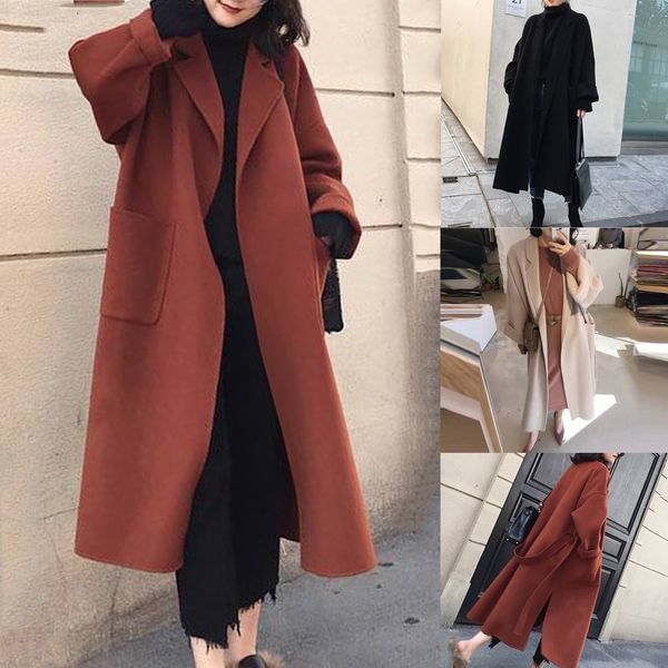 

chaqueta mujer winter coat womens plus size long sleeve casual pocket belt knitted outwear coat abrigos mujer invierno 2019, Black