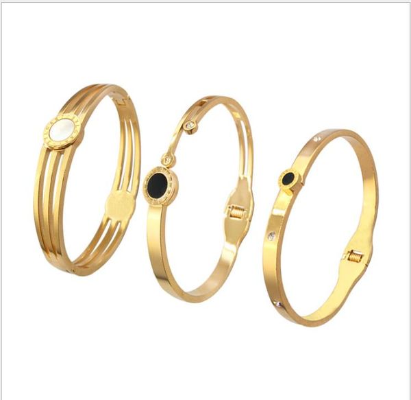 

stainless steel bracelet spring open titanium steel gold plated bracelet hollow digital jewelry, Golden;silver