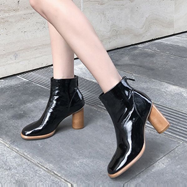 

plus size women ankle boots high heels dress shoes patent leather boots back zipper martion black british botas mujer 7849