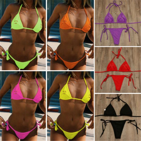 

bikinis set women 2pcs swimwear solid color drawstring bandage padded bra bikini push-up bathing suit swimsuit s m l