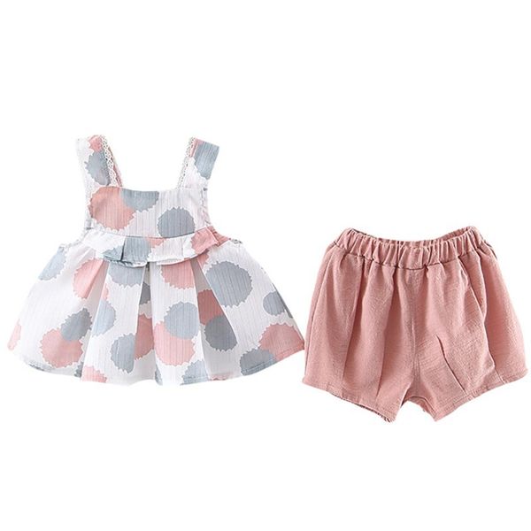 

summer baby girls casual sleeveless polka dot print strap t-shirt +shorts suits costume set cotton combed cotton vest, White