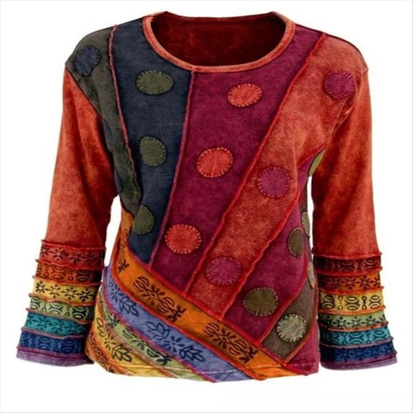 

large size stitching multicolor printing long sleeve casual t-shirt female large size stitching multicolor printing long sleeve casual t-shi, White