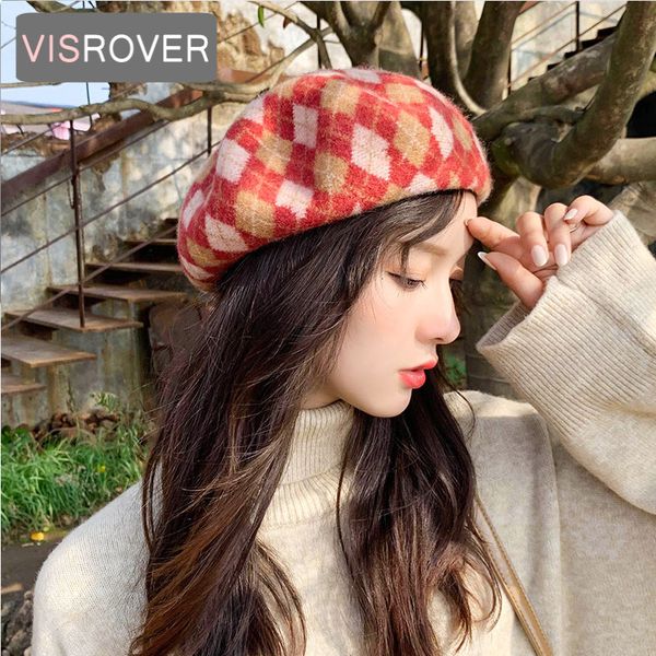 

visrover winter woman wool beret female knitted wool geometry rhombus cap autumn winter hat women boina wholesales, Blue;gray