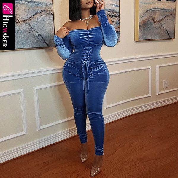 

women off shoulder long sleeve bodycon jumpsuit skinny velvet plus size solid slim pockets design & club overall, Black;white