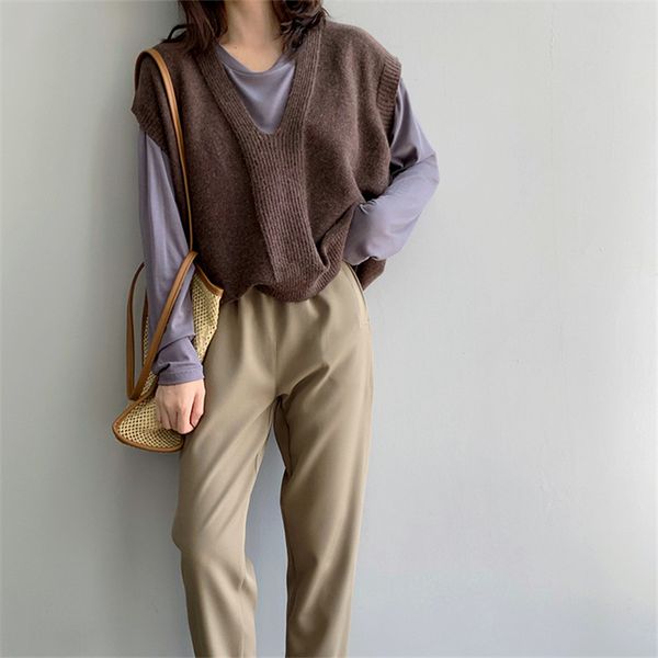 

vest women 2020 spring new sleeveless pullover loose v-neck solid sweaters knit vest female fashion wild casual brief women, Black;white