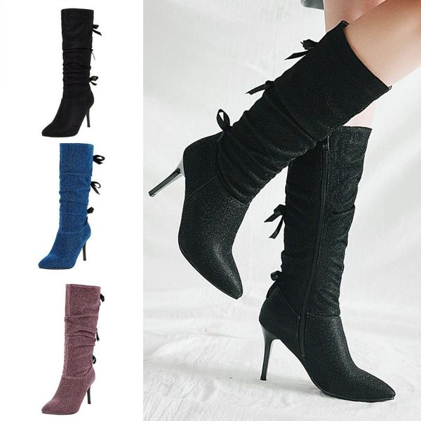 

women's sweet high heeled shoes pointed bow stiletto boots high-tude boots, Black