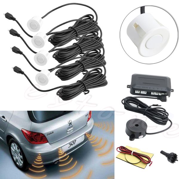 

4 parking sensors buzzer car reverse backup rear radar system sound alarm white