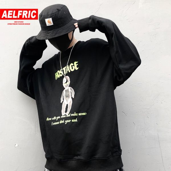 

aelfric hip hop alien baby printed mens pullovers streetwear fashion long sleeve harajuku casual cotton hooded sweatshirts, Black