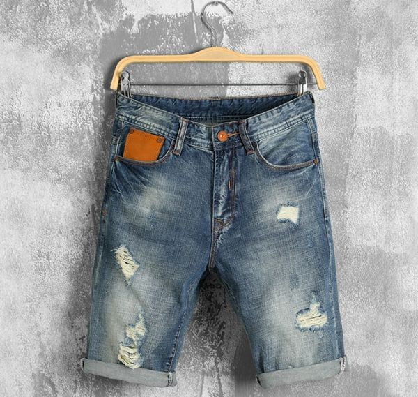 

mens designer jeans short pants hole ripped washed fashion jeans knee length mid loose colorful shorts quality, Blue
