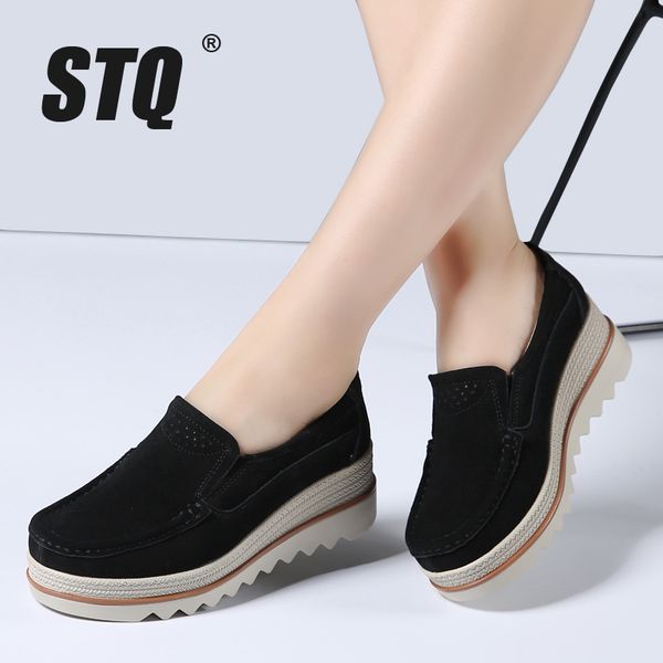 

stq 2019 autumn women flats shoes platform sneakers shoes leather suede casual shoes slip on flats heels creepers moccasins 3088 cj191226, Black
