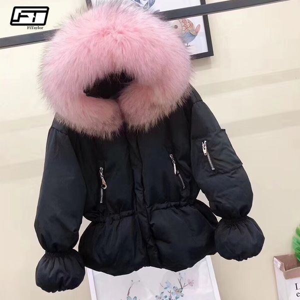 

fitaylor winter women 90% white duck down jackets coat large real fur hooded short parkas lady warm slim snow down outwear, Black
