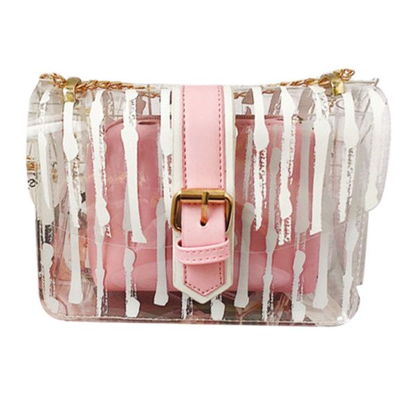 

striped clear transparent pvc women messenger crossbody bag chains jelly summer beach bag 2pcs women handbag(pink