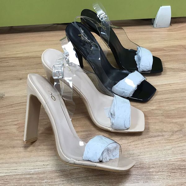 

genshuo high heels vintage sqaure toe sandals black heels 11cm transparent shoes sandalias mujer femme women's shoes