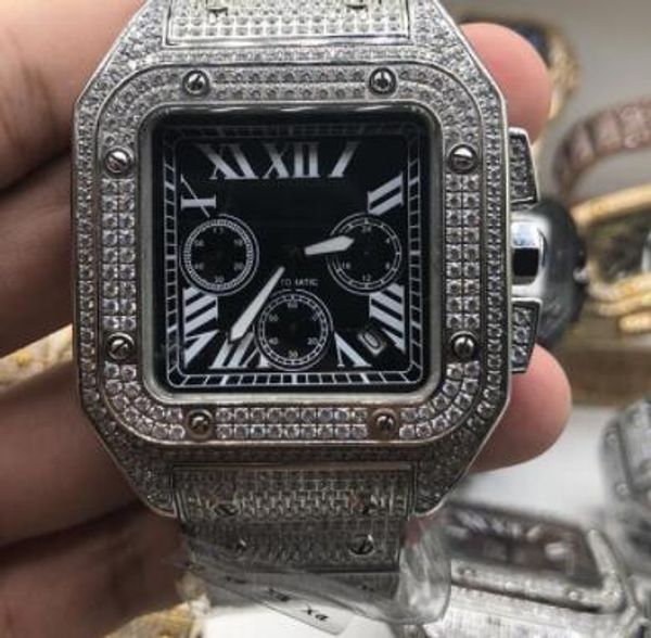 

men's new ice diamond watches silver stainless steel case watch full diamond strap watch multi-function quartz movement sports wristwat, Slivery;brown