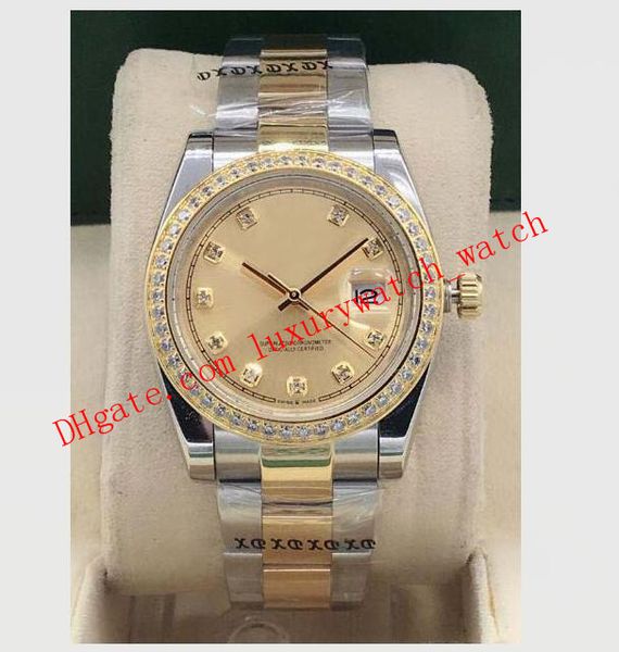 

новое прибытие 3 стиль two tone 36мм mens стали желтого золота алмазный циферблат безель смотреть 116243 автоматический мужской моды часы на, Slivery;brown