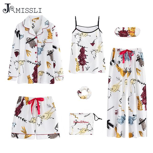 

jrmissli womens cotton pajamas sets 7 pcs sets carton women long sleepwear suit 2 piece home women gift, Blue;gray