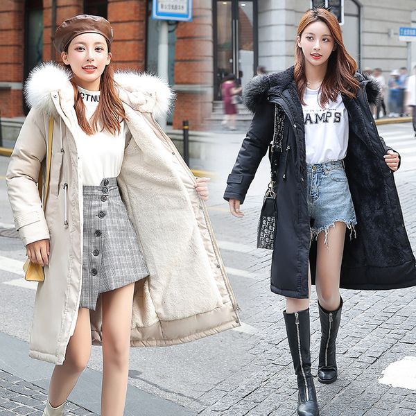 

зима новые парки длиной до колена с капюшоном корейский плюс хлопок утолщенные свободные зимняя мода простой повседневная женская пальто мол, Black