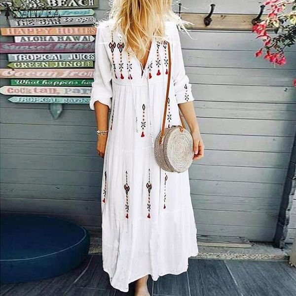 

zanzea 2019 women's printed sundress bohemian v neck tunic vestidos plus size maxi dress female fashion long sleeve robe femme, Black;gray