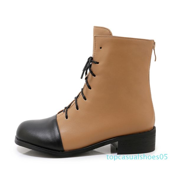 

2019 fashion lace up chunky boots patchwork autumn women shoes med block heels plus size ankle combat boots for women t05, Black