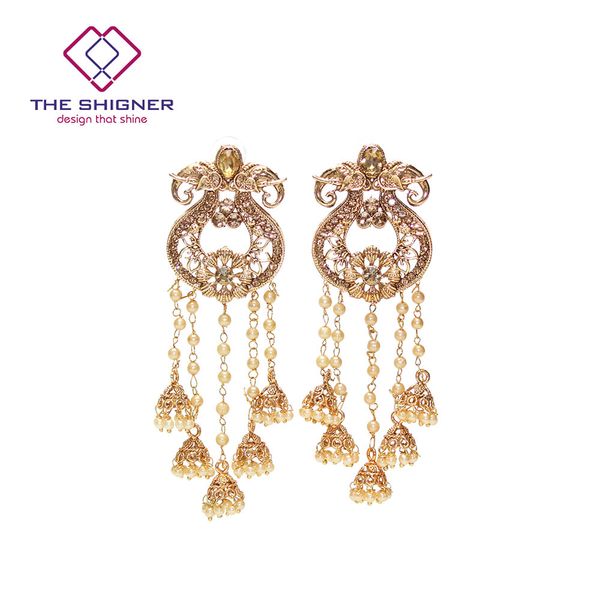 

the shigner indian ethnic jewelry gold tone pearl crystal stone earrings kundan bahubali jhumka jhumki earring dangle earring, Silver