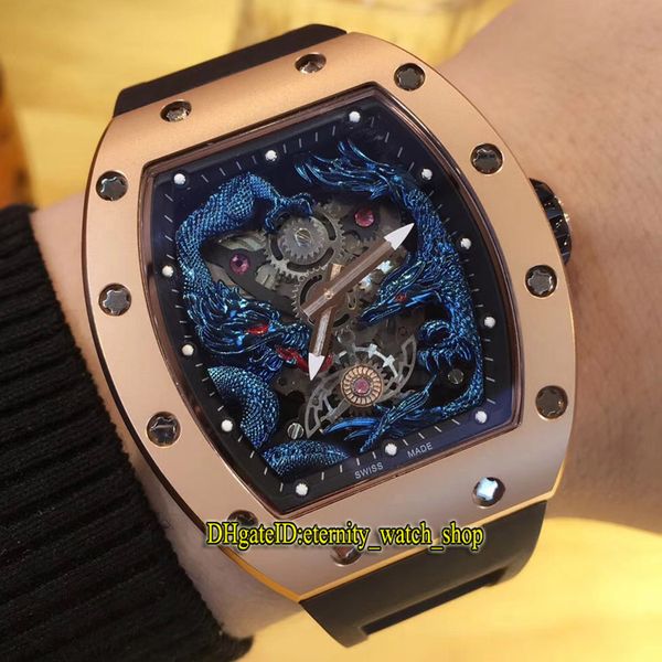 

luxury rm 57-01 blue dragon and phoenix pattern skeleton dial japan miyota automatic rm57-01 mens watch rose gold case rubber sport watches, Slivery;brown