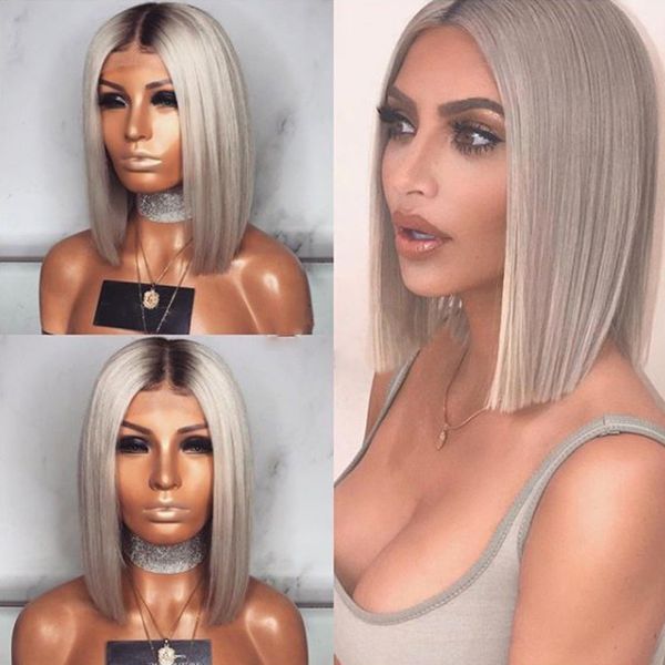 

Hotselling Silk Base Short Bob Wig Ombre Wig with Dark Roots Grey Straight Synthetic Lace Front Wigs for Women Heat Resistant, Ombre color like picture