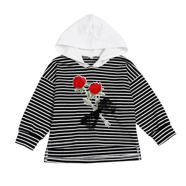 

leisure kids girls hoodies autumn cotton hooded lace flower striped printing long sleeve breathable sweatshirt jumper, Black