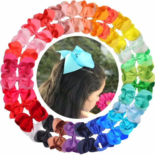 

30 pcs 6 inch hair bows for girls big grosgrain girls 6" hair bows alligator clips for teens kids toddlers, Slivery;white