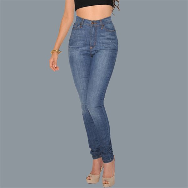 

plus size pockets button women jeans high waist denim pants skinny trousers femme, Blue