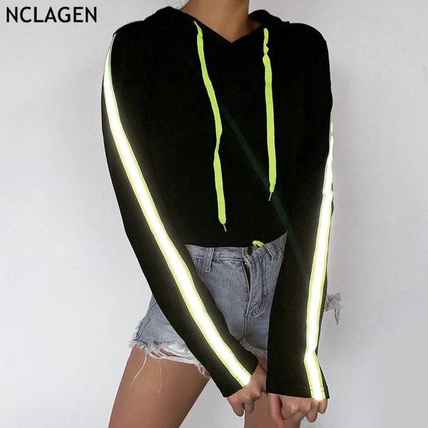 

nclagen 2020 spring women fashion reflective striped patchwork hooded hoodies loose casual navel bare cropped sweatshirts, Black
