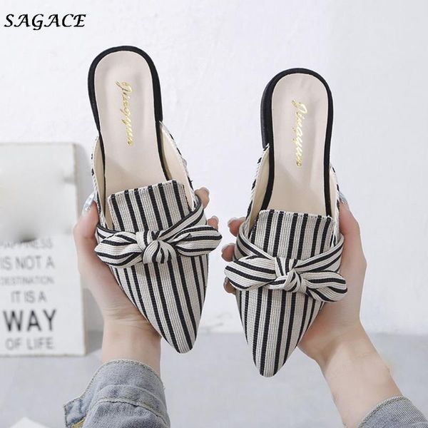 

vintage striped bowknot slipper women fashion pointed toe slip on flat shoes woman casual sandals flip flops summer slipper2020, Black
