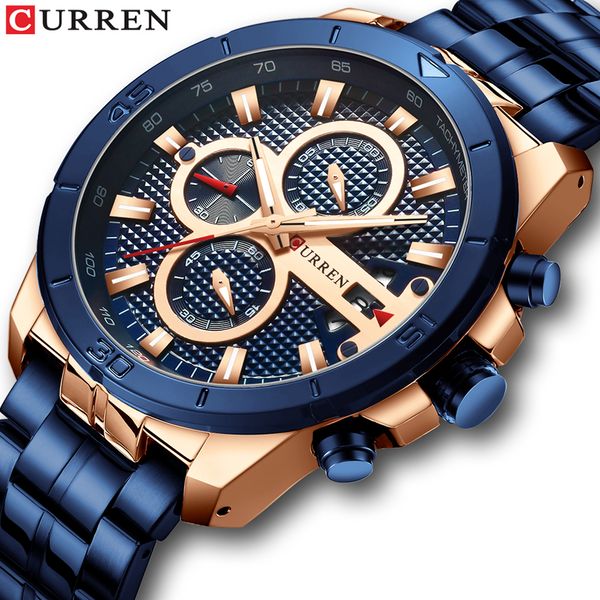 

curren stainless steel sports watch men new chronograph wristwatches fashion casual date quartz clock mens watches, Slivery;brown