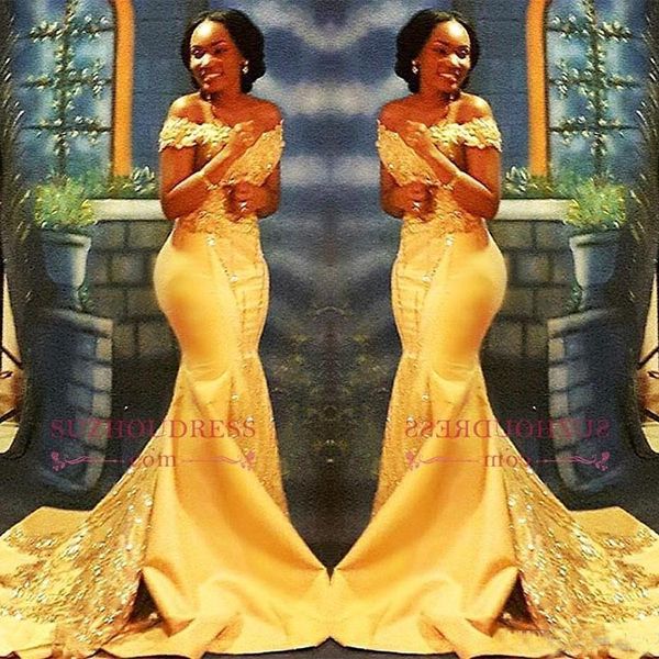 

african nigerian yellow mermaid prom dresses 2019 off shoulders lace sequined satin evening prom gowns arabic party dresses, White;black