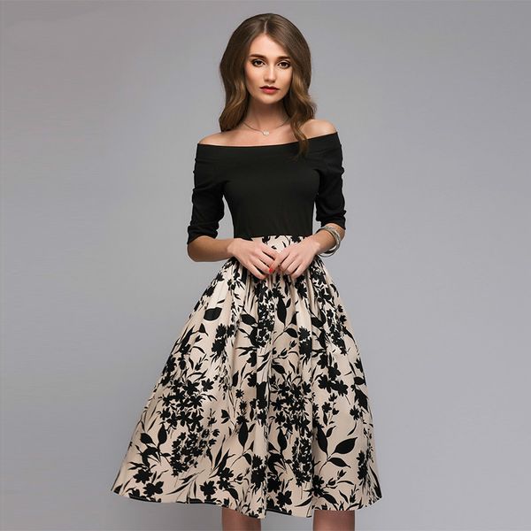 

marchwind brand designer femme floral printed patchwork dress women off shoulder party vestidos female slash neck casual dresses