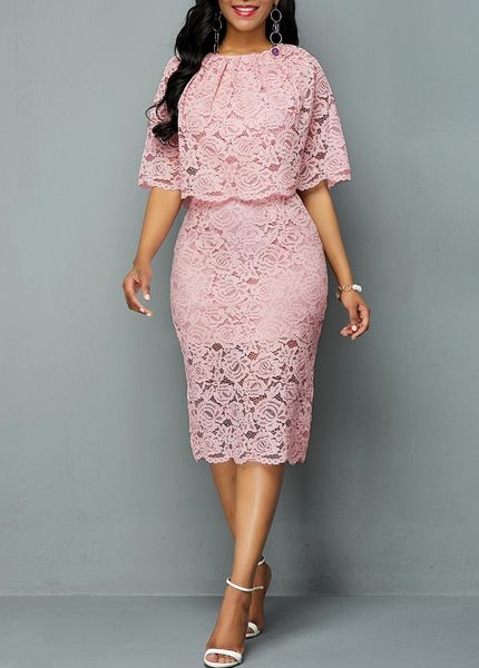 

large size dress round neck lace cutout dress female elegant five-point sleeves slim party large size dress female vestidos 5xl, Black;pink