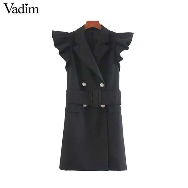 Vadim mulheres elegante escritório desgaste preto mini dress faixas de manga curta dupla botões feminino casual vestidos sólidos vestidos qc431 y19073001