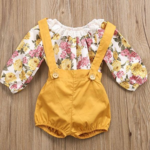 

baby girls floral suspenders pant set long sleeve romper + short overalls, Blue