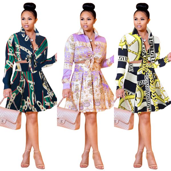 

womens designer two piece dress fashion golden chains patterns dresses luxury printing shirt + hip skirt for womens clothes plus size s-3xl, White