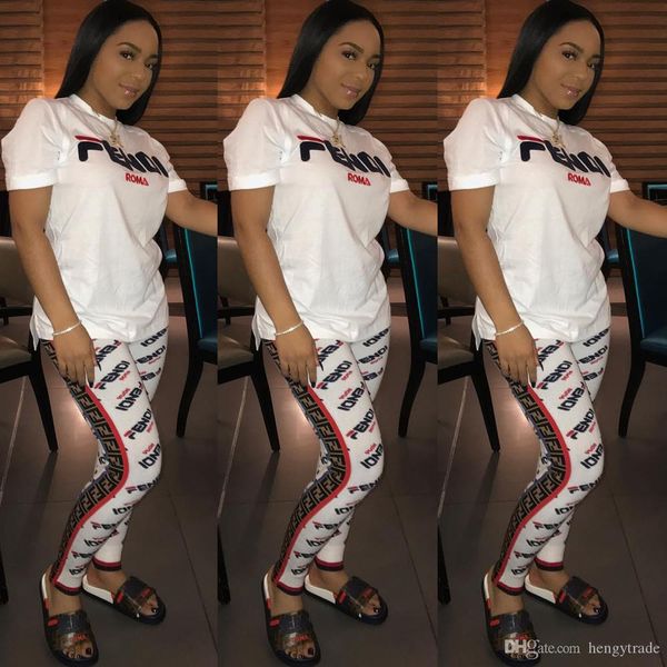 

Letter print two piece pant outfit women ca ual white hort leeve round collar long pant uit
