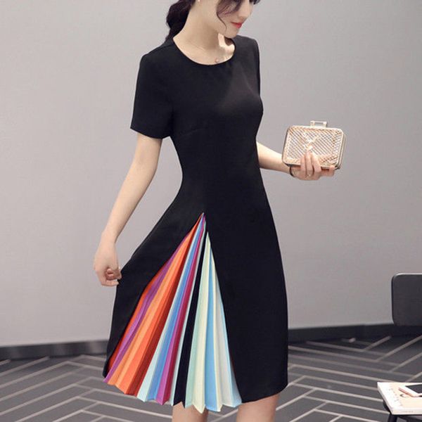 

elegant women vintage dresses partial pleated rainbow dress summer short sleeve black dress south korea office lay ol clothes